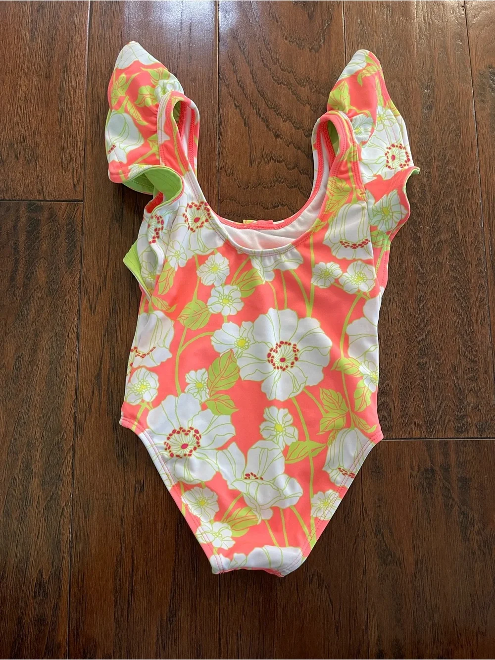 Janie and Jack Coral Floral Ruffle One-Piece Swimsuit with Lime Accents New